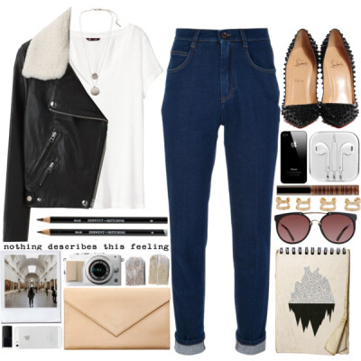 A fashion look from January 2016 featuring white short sleeve t shirt, oversized leather jacket and high waisted blue skinny jeans. Browse and shop related looks.