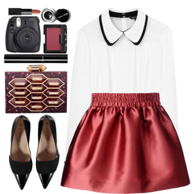 A fashion look from January 2016 featuring white collared blouse, red valentino skirt and pattern purse. Browse and shop related looks.