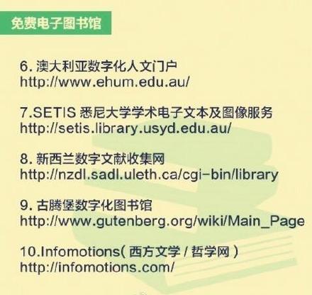 【全球免费电子图书馆名单】还在为找不到资料，借不着需要的书发愁？全球免费开放电子图书馆地址如下图，留学小编推荐，速度收藏哦~！