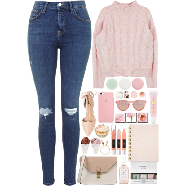 A fashion look from January 2016 featuring long sleeve sweaters, ripped jeans and pointed-toe flats. Browse and shop related looks.