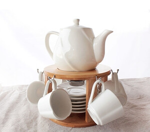 外贸纯白色骨瓷陶瓷茶壶套装14头保温带茶杯盘子大容量下午茶茶壶的图片