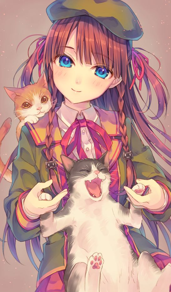 ✮ ANIME ART ✮ animals. . .animals with anime girl. . .cats. . .hair. . .braids. . .hat. . .beret. . .jacket. . .happy cat. . .cute. . .kawaii: