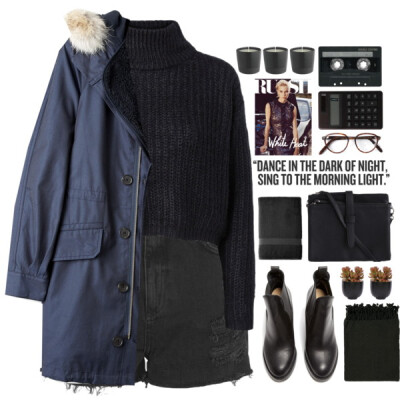 A fashion look from January 2016 featuring pullover sweater, fur trimmed coat and high-waisted jean shorts. Browse and shop related looks.