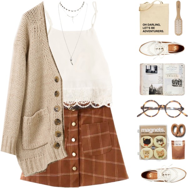 #301 &amp;quot;Home is not where you live but where they understand you&amp;quot; - Christian Morgenstern ☆ ☆ ☆ ☆ ☆ [ #lace #croptop #cardigan #knit #soft #warmth #home #brogues #oxfords #whiteleather #preppyskirt #plaidskirt #necklace #totebag #brown #fashion @polyvore @polyvore-editorial ]