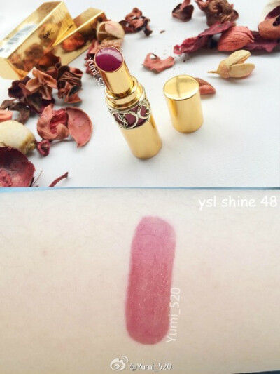 #Yumi唇膏试色# YSL rouge volupte shine 16春季新色（圣罗兰情挑诱光水唇膏）！色号：粉色系43（非常甜美），橘色系46（颜色美但黄皮不要考虑），偏紫调的48（非常显气质！）。质感很滋润很好上色，我个人喜欢48?！? data-iid=