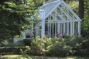 Huge glass greenhouse nestled in a garden.