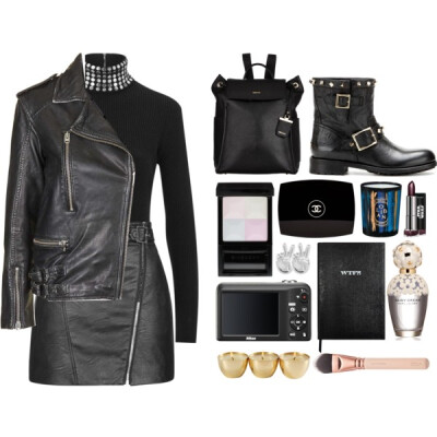 A fashion look from January 2016 featuring black shirt, moto jacket and black skirt. Browse and shop related looks.