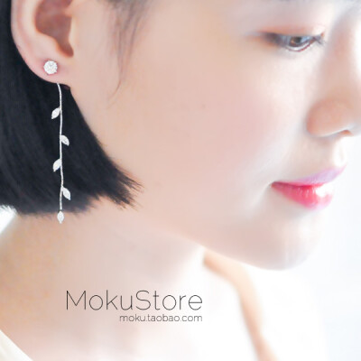 定制 MokuStore●分享●925银针 镀白金镶锆石 叶子流苏 耳钉[银柳絮]