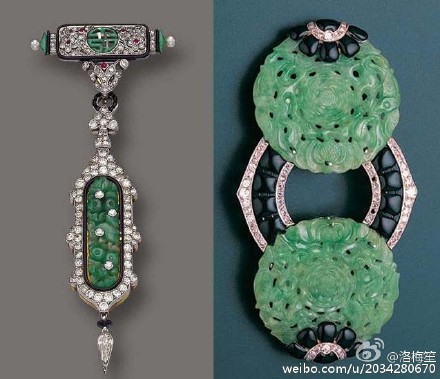 #Art Deco Jade#中国古人是很少把玉直接当作项饰配带的（除了清官员的朝珠和贾宝玉两口子），但大量把玉镶嵌到饰物当中是西方的ART DECO时代，他们甚至使用中国的古玉，搭配钻石，黄金，玛瑙，白金，珐琅，各色宝石等搭配出新颖有趣的玉饰品。