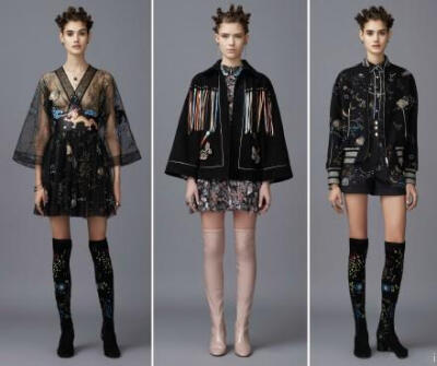 Valentino Pre-Fall 2016｜ 这一季的设计包含美国纽约克莱斯勒大厦图案，东方元素的樱花、龙与仙鹤，还有火山与海浪……宛若一场丰富的环球之旅