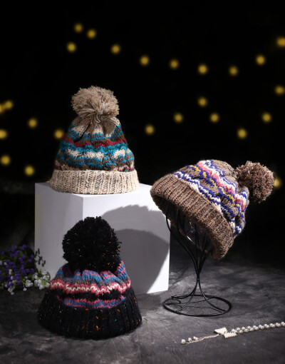新款手工毛线帽针织帽女式帽子杂色毛球帽秋冬天帽子甜美时尚保暖
