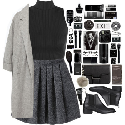 A fashion look from January 2016 featuring black crop top, wool coat and high-waisted skirts. Browse and shop related looks.