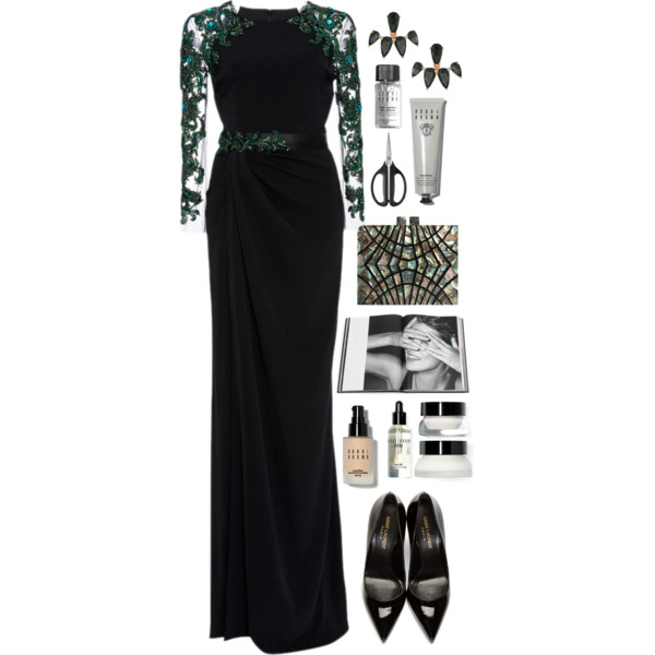 A fashion look from January 2016 featuring long sleeve sheath dress, black pointy-toe pumps and square purse. Browse and shop related looks.