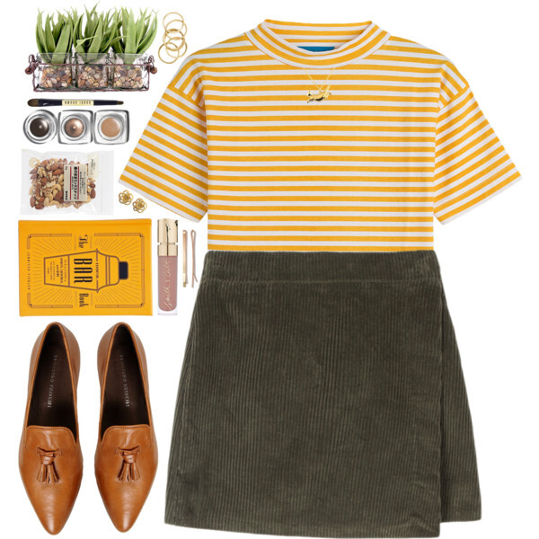 A fashion look from January 2016 featuring cotton t shirt, mini skirt and brown flats. Browse and shop related looks.