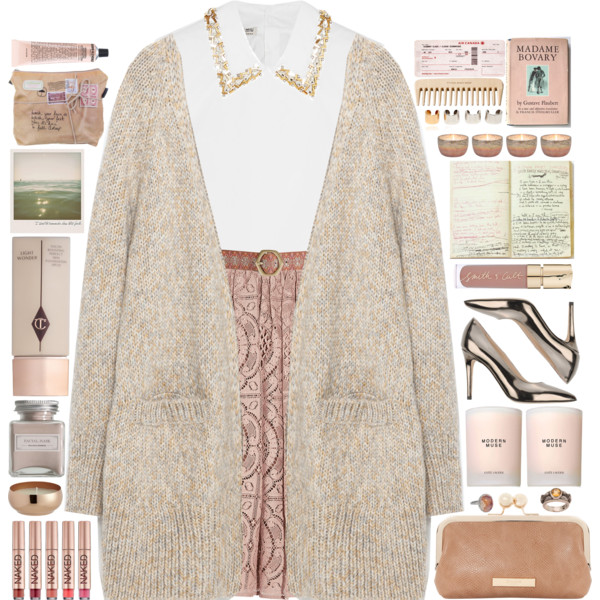 A fashion look from January 2016 featuring pink cardigan, Miu Miu and lace skirt. Browse and shop related looks.