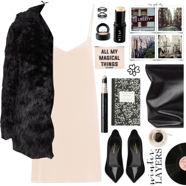 A fashion look from January 2016 featuring slip dress, faux fur coats and heels &amp;amp; pumps. Browse and shop related looks.