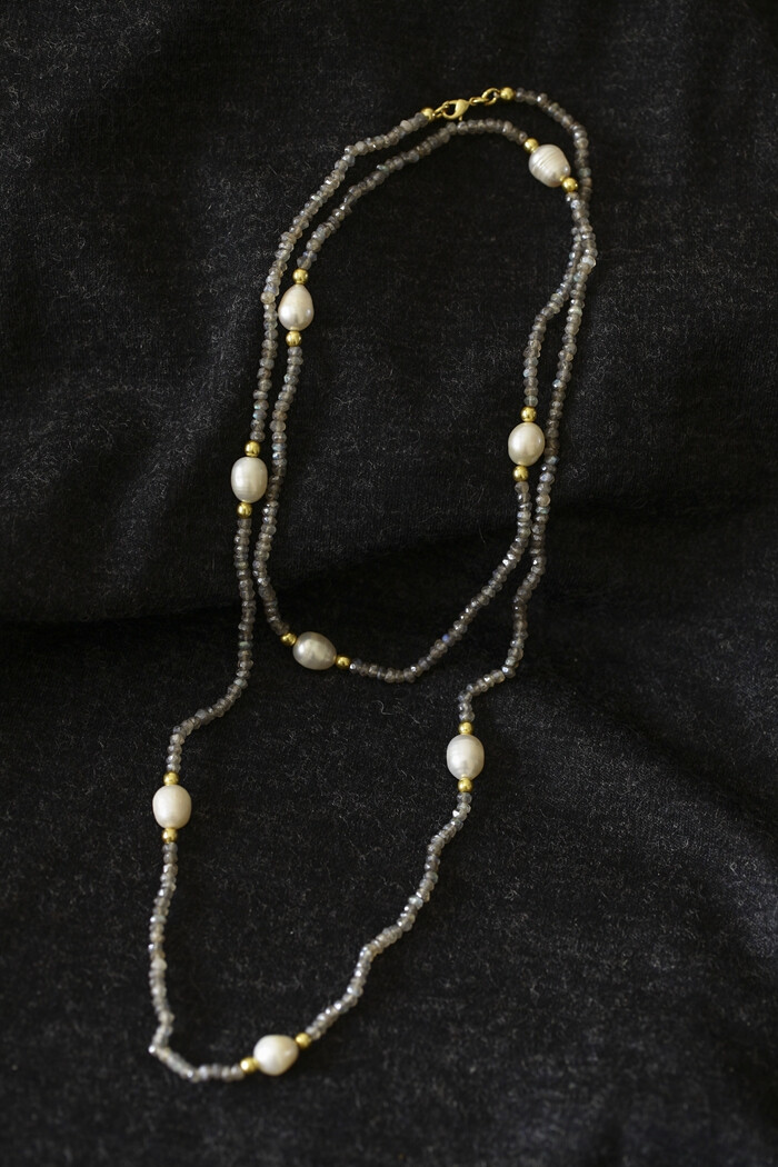 意大利设计师 925纯银 拉长石珍珠纯银毛衣链