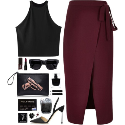 A fashion look from January 2016 featuring shirts &amp;amp; tops, purple skirt and high heel pumps. Browse and shop related looks.