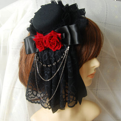 洛丽塔 黑色复古小礼帽玫瑰装饰。蕾丝垂饰 Lolita小礼帽 贵妇帽