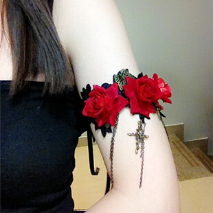黑色红玫瑰蕾丝臂饰 臂环 臂圈 疤痕 纹身遮盖臂带 女友夜店配饰