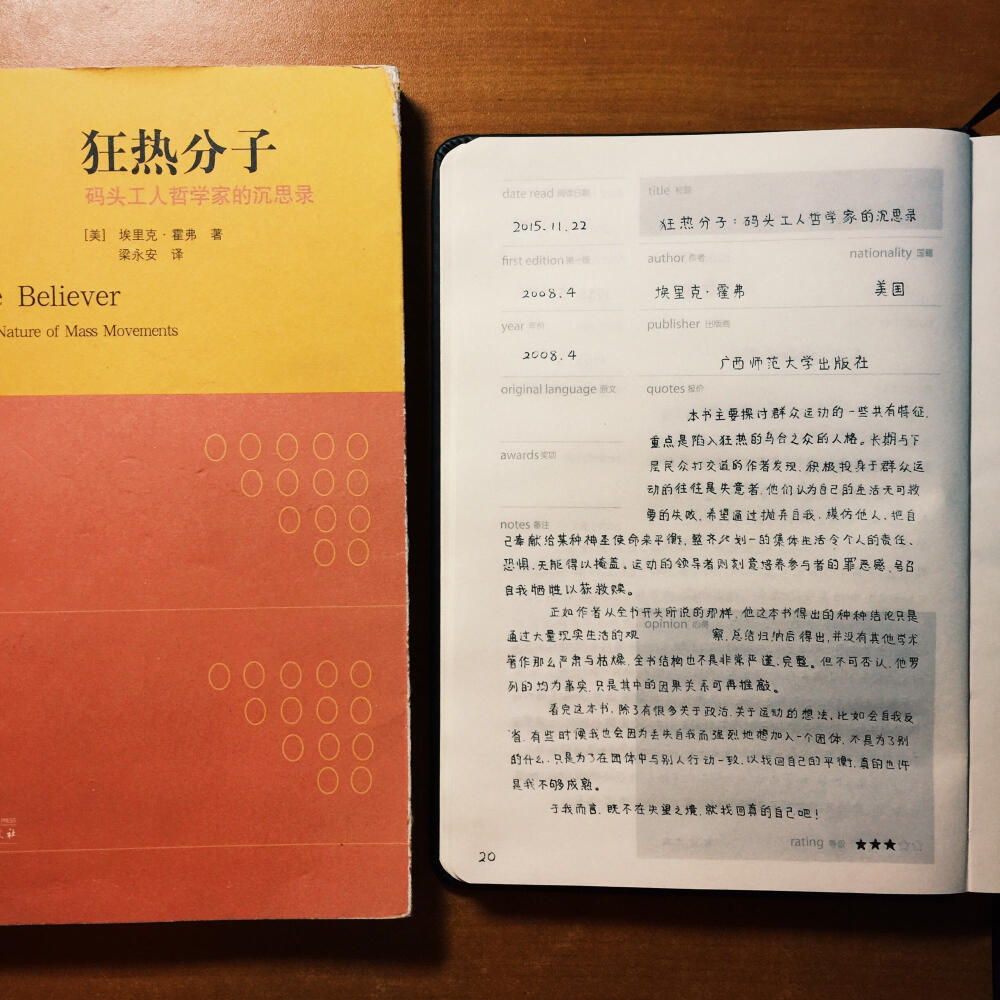 【阅读一百本书】之十九 狂热分子 其实参加群众运动的都是失意者，他们厌恶现实中的自我，用加入团体后的一致行动来获得内心平衡。 我不要变成盲目的狂热分子！