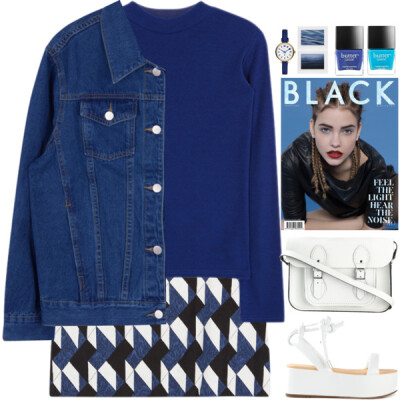 A fashion look from January 2016 featuring long sleeve tops, blue jackets and high-waisted skirts. Browse and shop related looks.