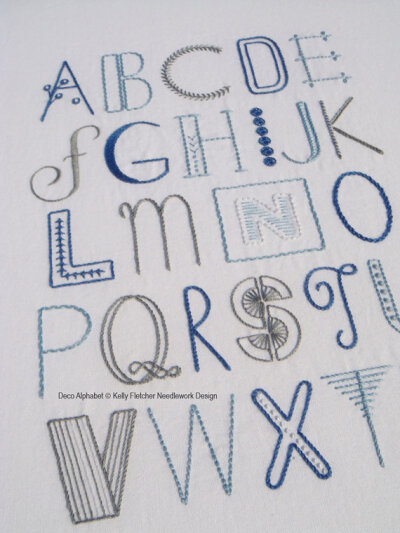 Deco Alphabet hand embroidery pattern sampler, digital download