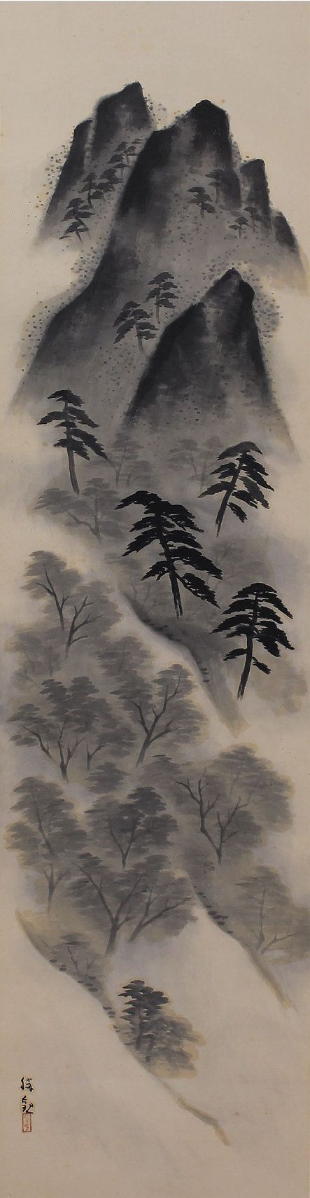 Early Summer Landscape by Ochi Shokan(1882-1958). Japanese hanging scroll painting kakejiku.: