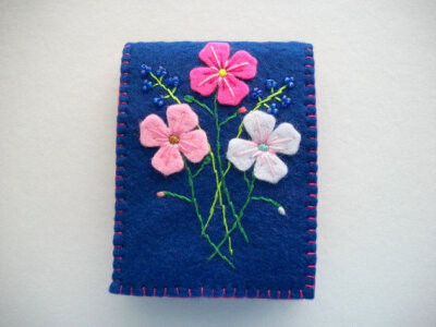 Blue Needle Book with Hand Embroidered Felt Flowers Hand sewn