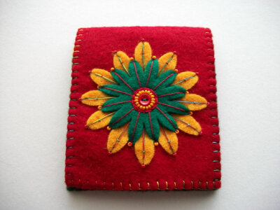 Red Needle Book Felt Needle Organizer with Hand Embroidered Felt Flower Handsewn