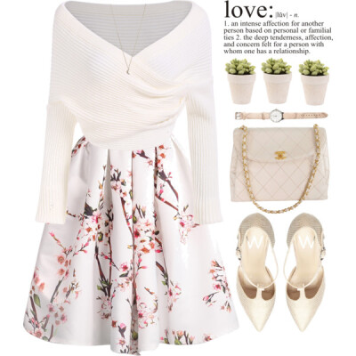 Skirt: http://www.romwe.com/Floral-Pleated-White-Skirt-p-102178-cat-682.html?utm_source=polyvore&amp;amp;utm_medium=set&amp;amp;url_from=mihreta-m Top: http://www.romwe.com/Boat-Neck-Wraped-White-Swea…