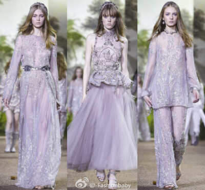 Elie Saab Haute Couture S/S 2016。感觉就像是调色板上的水粉颜料一般，淡紫色美得让人心醉。丝绸 刺绣 蕾丝 钉珠 雪纺，细节精致奢华。轻绢曼纱、金丝银缕，设计师都是女人们的造梦者。