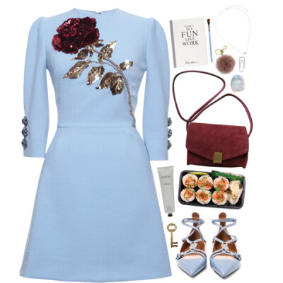 A fashion look from September 2015 featuring blue cocktail dress, gray flats and genuine leather purse. Browse and shop related looks.