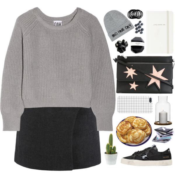 A fashion look from November 2015 featuring grey jumper, short a line skirt and suede leather shoes. Browse and shop related looks.