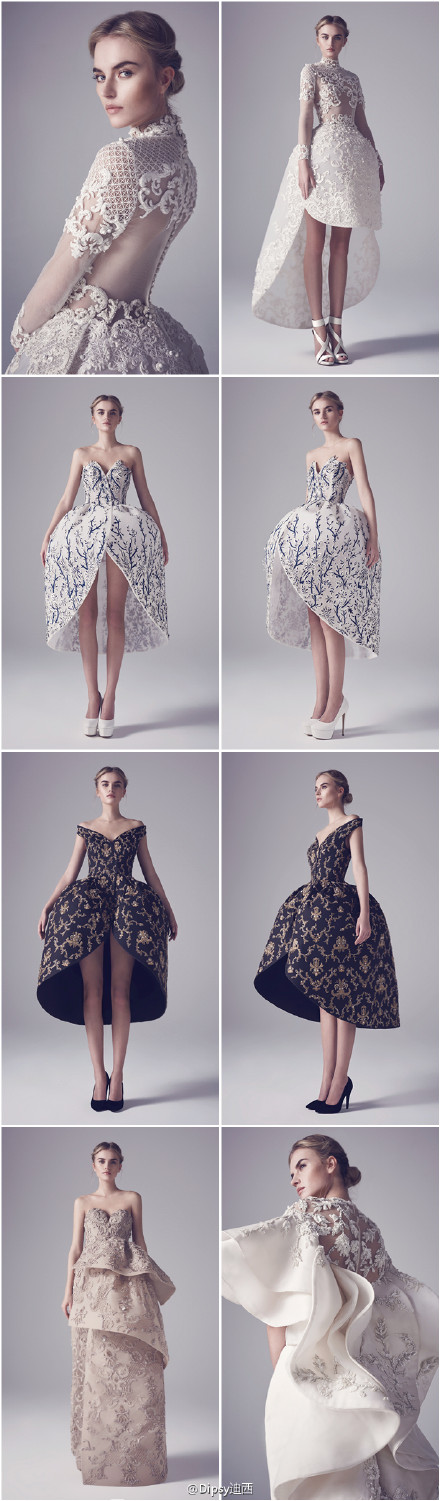 Ashi Studio S/S 2016 Haute Couture｜来自黎巴嫩的造梦大师Mohammed Ashi，将雕塑手法和建筑构架融入高定时装中，精巧的工艺纯净的色彩，使得同样美好的艺术作品却有着区别其他家截然不同的复杂廓形结构，以及大气非凡的皇族气场～