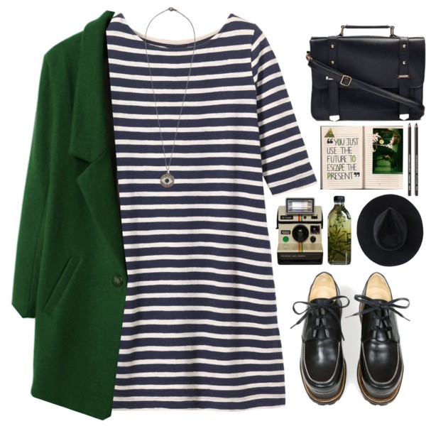 A fashion look from August 2015 featuring a line dress, wool coat and flat shoes. Browse and shop related looks.