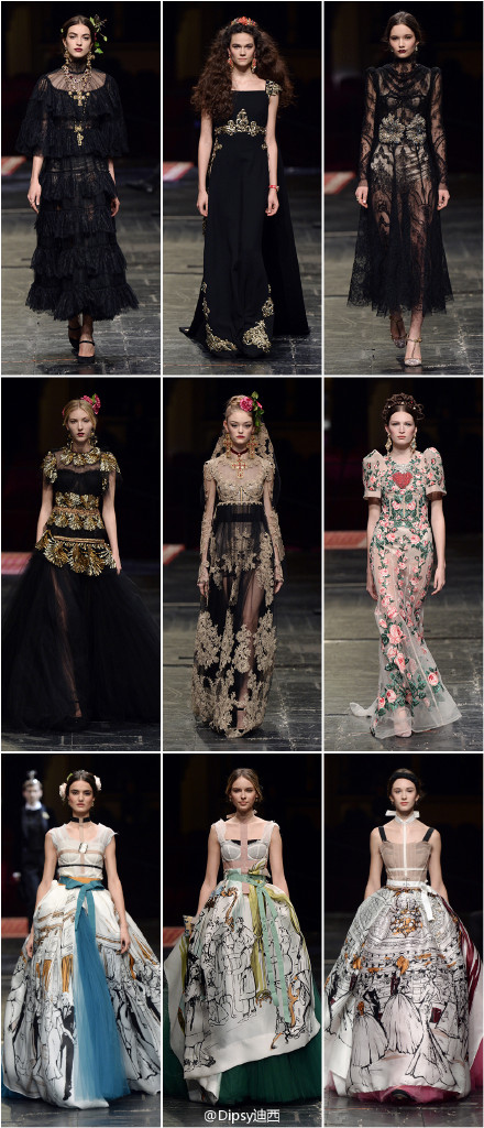 Dolce &amp;amp; Gabbana Alta Moda S/S 2016｜高级定制届最神秘且浮夸的Dolce&amp;amp;Gabbana 16春夏高定终于揭开神秘面纱，这季主题为“歌剧”，选址意大利音乐象征地的米兰La Scala歌剧院进行发布，一切与音乐,歌剧,舞台,演员相关的元素在设计师手中化为珠围翠绕的璀璨奢华，连头饰上的微缩景观都精致到一丝不苟～