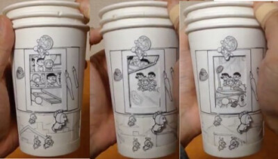 日本牛人用3个纸杯创作出哆啦A梦动态漫画