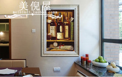 美倪屋 手绘欧式红酒香槟油画 餐厅酒店装饰画 酒窑有框挂画包邮