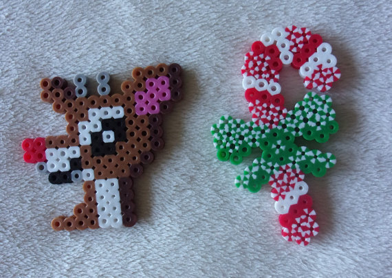Perler Beaded Reindeer and Candy Cane