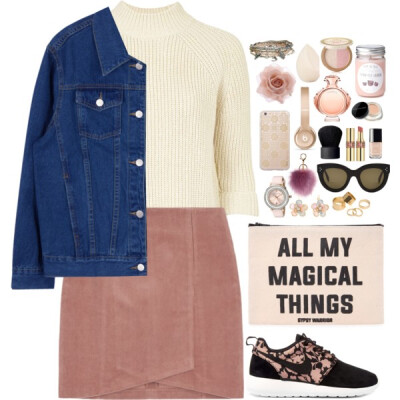 A fashion look from February 2016 featuring boxy crop top, long sleeve denim jacket and high waisted short skirts. Browse and shop related looks.