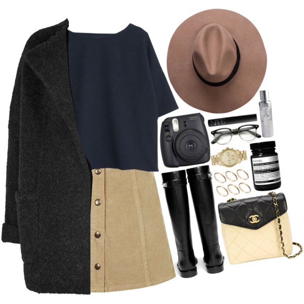 A fashion look from February 2016 featuring navy blue shirt, burberry coat and brown skirt. Browse and shop related looks.