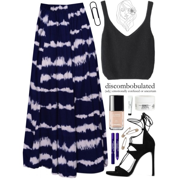 A fashion look from February 2016 featuring v neck sleeveless top, blue tie dye skirt and suede lace up sandals. Browse and shop related looks.