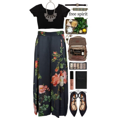 A fashion look from February 2016 featuring white tee, black palazzo pants and ballerina flats. Browse and shop related looks.