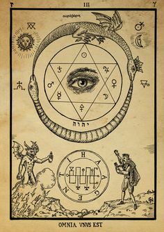 Alchemy: Omnia Vnvs Est. The serpent/bird circle is a recurring motif in magical alchemy. This is a nice print.