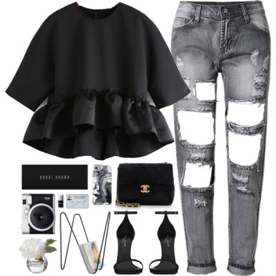 A fashion look from February 2016 featuring summer tops, distressed jeans and black sandals. Browse and shop related looks.