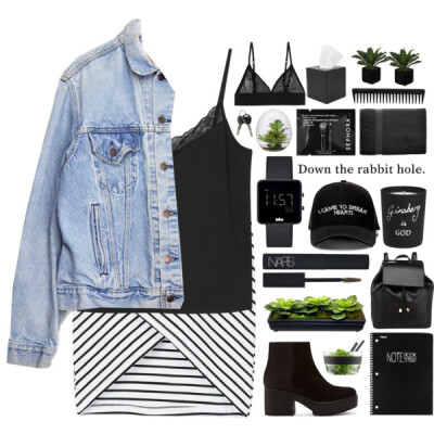 A fashion look from February 2016 featuring black tank top, jean jacket and white skirt. Browse and shop related looks.