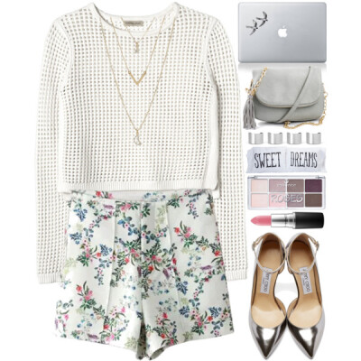 A fashion look from February 2016 featuring white crop shirt, floral printed shorts and silver pointy toe pumps. Browse and shop related looks.