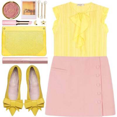 A fashion look from February 2016 featuring yellow top, short pink skirt and ballet pumps. Browse and shop related looks.