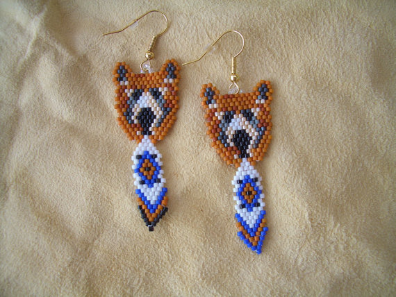 Bear with feather beaded earrings. Native American Hand Made. Delica Beads, Brick Stitch. Light weight. Southwest Design, Dangle